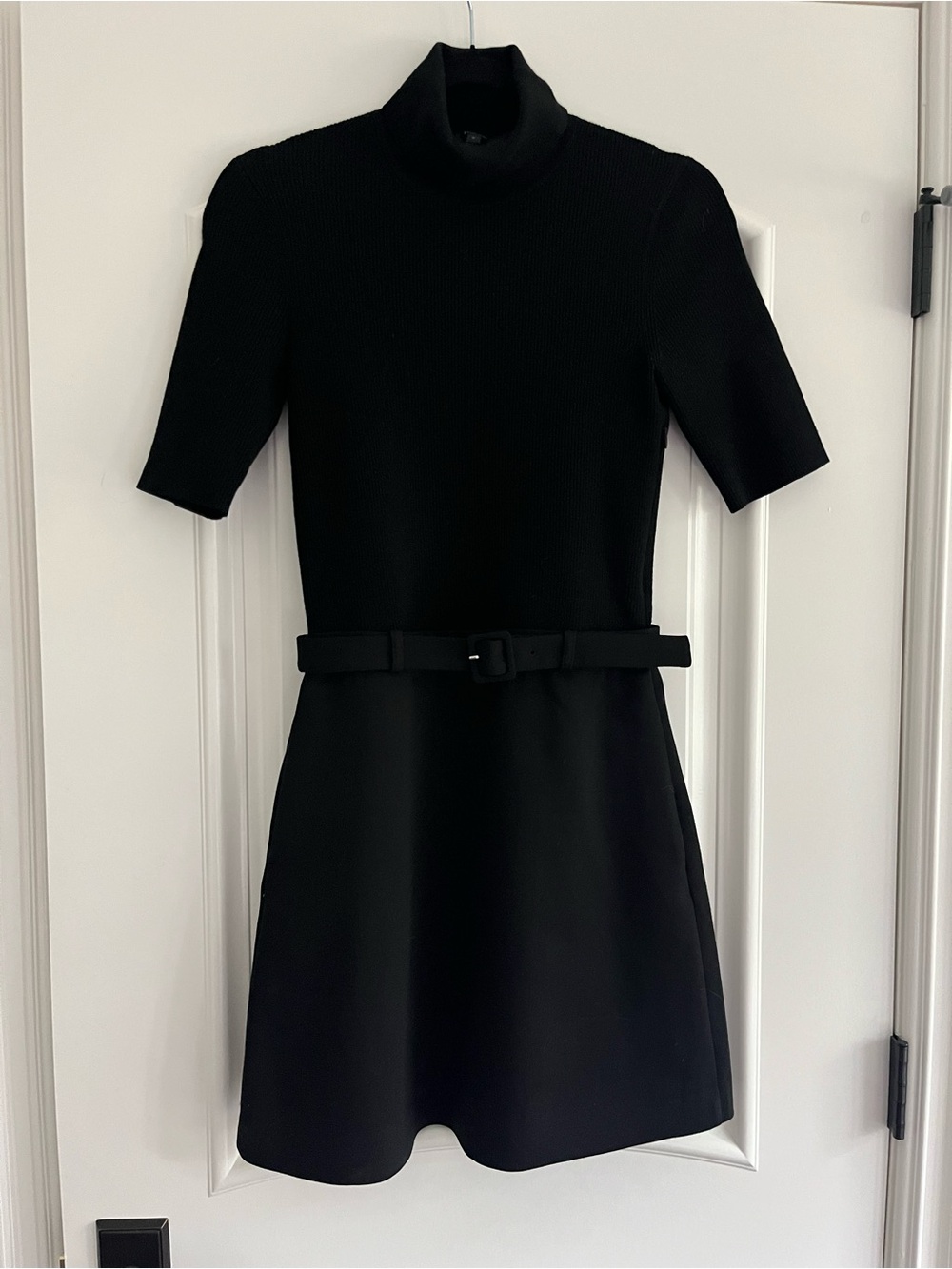 Theory Black Turtleneck Short-Sleeve Belted Mini Dress